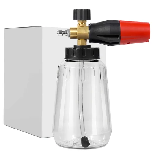 Cañón de espuma ajustable de alta resistencia, botella de boca ancha de 1L, espray de espuma gruesa, herramienta de lavado de alta presión de conexión rápida de 1/4""
