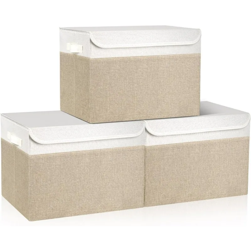 Large 42 Quarts Collapsible Stackable Storage Bins with Lids [3-Pack] Foldable Fabric Linen Storage Boxes   (16.7 x 12 x 12,  )