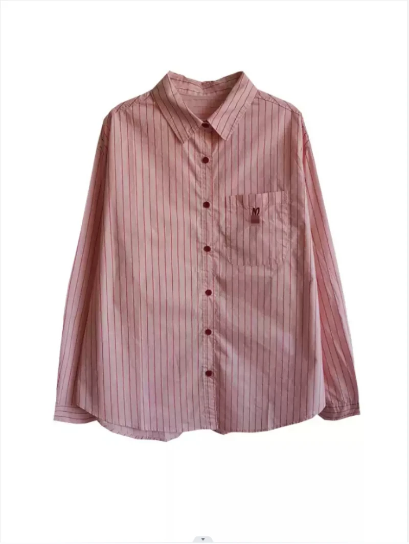 Bomon 2024 Spring and Autumn Korean niche design pocket embroidery polo collar pink vertical striped long sleeve shirt woman