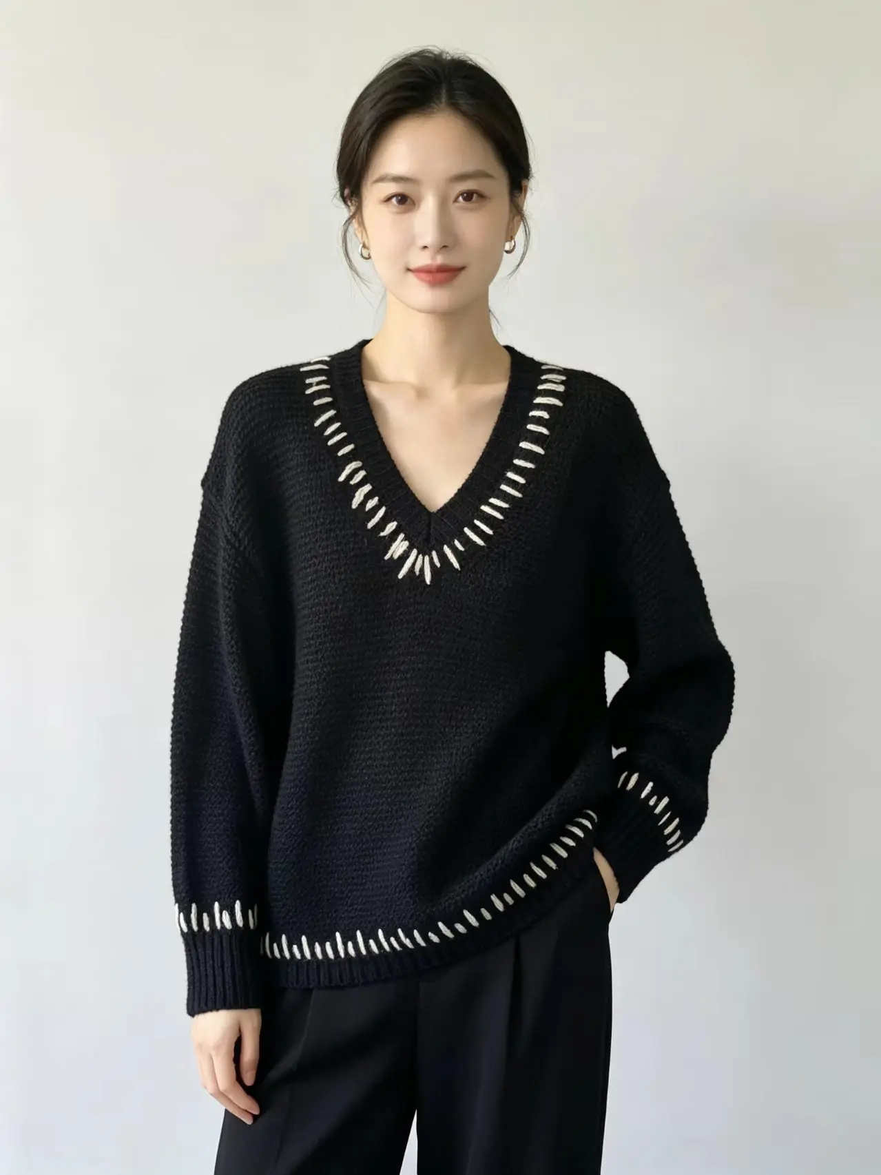 Damen Oversize V-Ausschnitt Pullover Handgefertigte Kontrastnähte Dicker Strickpullover Langarm Lässige Herbst-Winter-Strickware