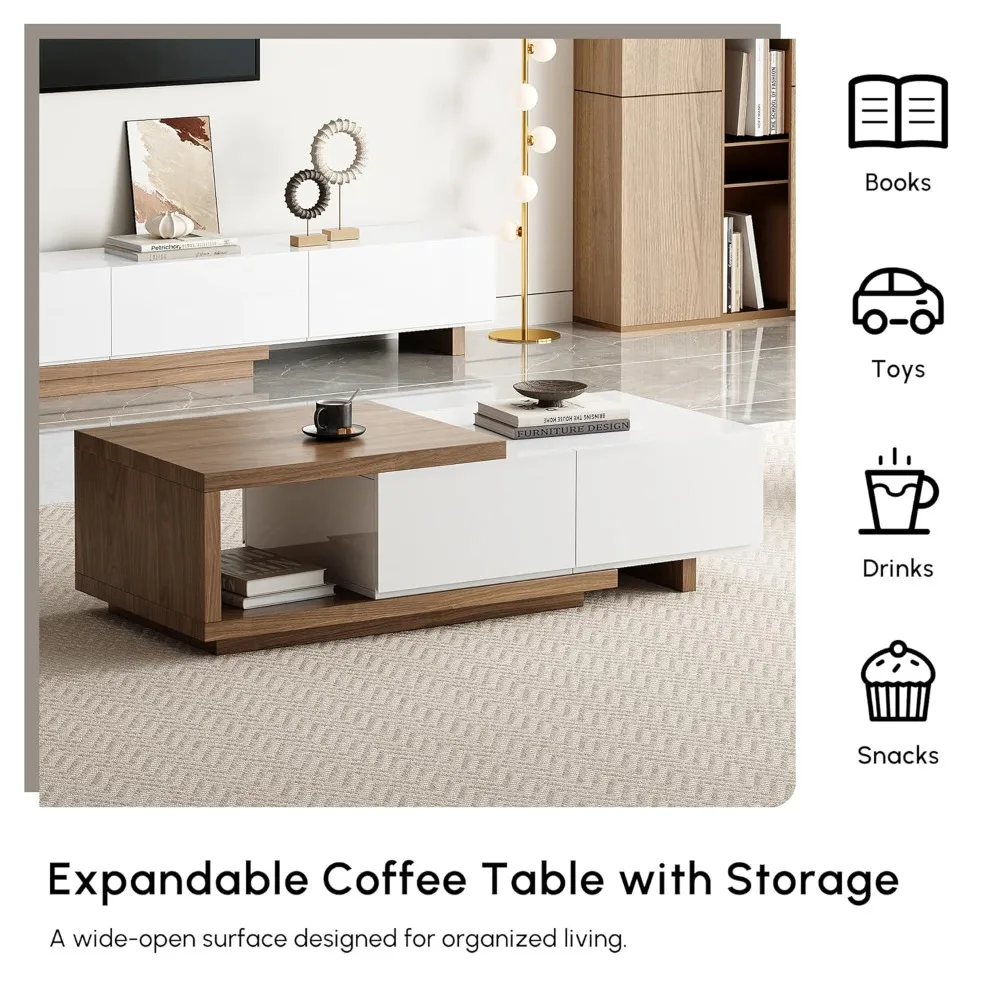 

Extendable Coffee Table, 47"-69" Expandable Walnut Coffee Table with 2 Drawers, Modern Adjustable Center Table, Customized