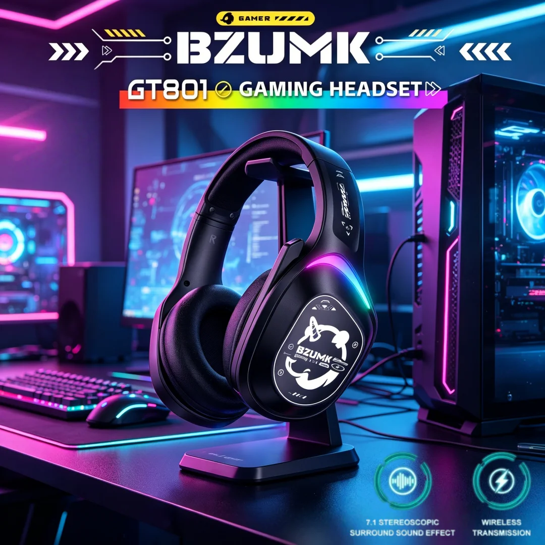 BZUMK Multi-mode Wireless Gaming Headset 2.4G Bluetooth V5.3 Wired 3 Modes RGB Over Ear Headphones with Mic for PC Laptop Phone