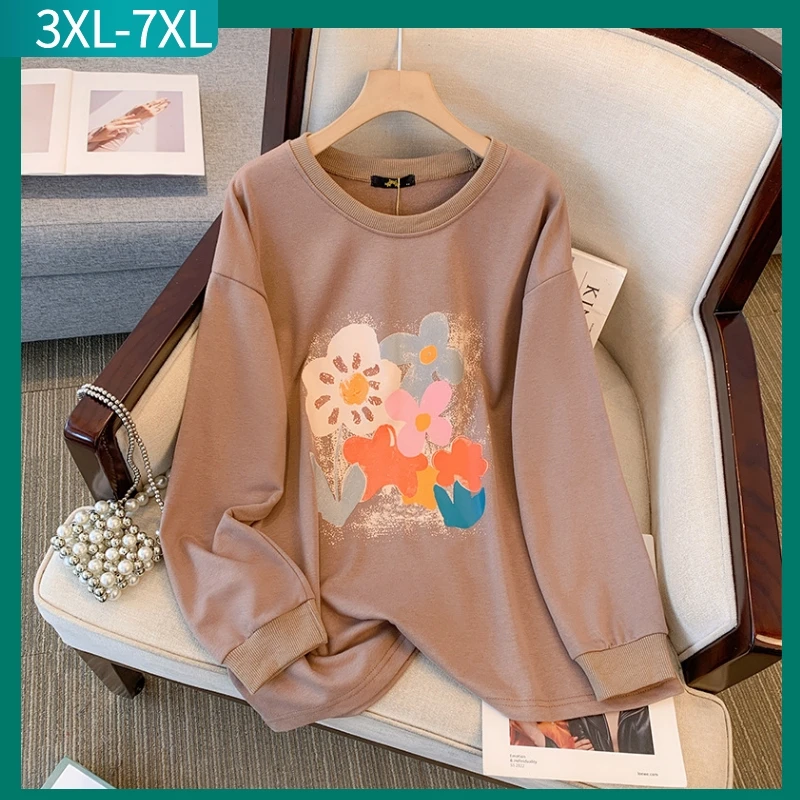 여성용 대형 긴팔 플러스 사이즈 탑, 커피 컬러 프린트 맨투맨, 3XL, 4XL, 5XL, 6XL, 7XL, 가을, 겨울, 2024 신상