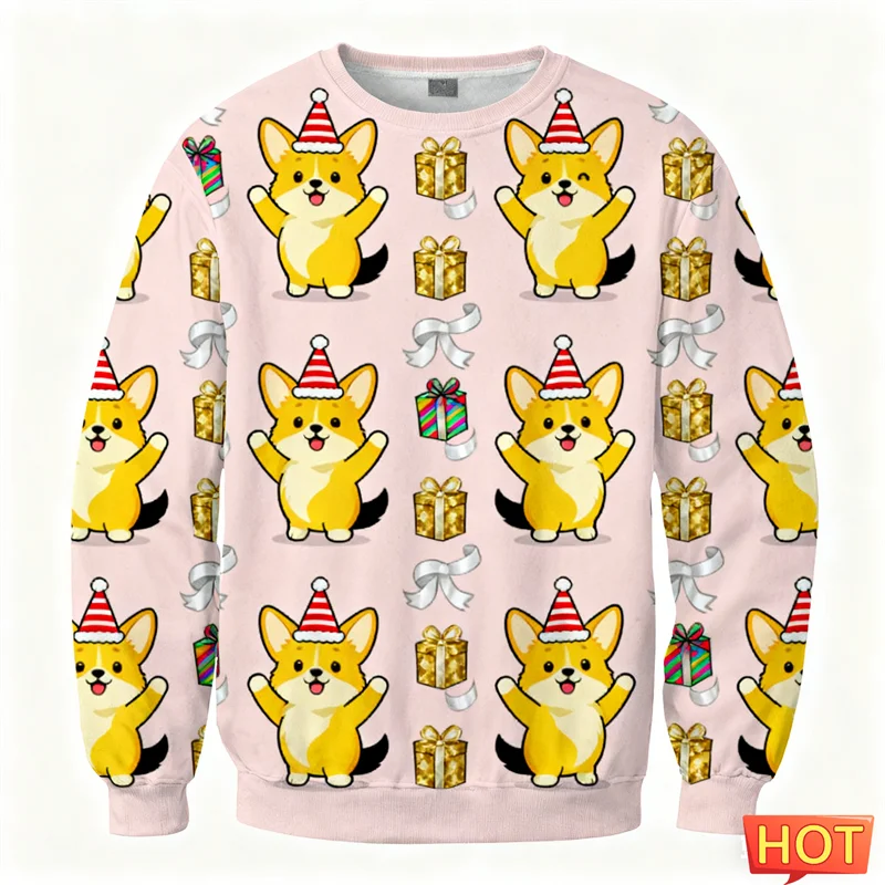 لطيف فصيل كورجي الرسم القبيح عيد الميلاد سترة للرجال العصرية عطلة ارتداء الكلب ثلاثية الأبعاد المطبوعة بلوزات عادية المتضخم البلوفرات القمم