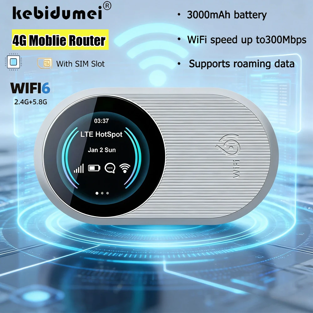 

KEBIDUMEI 4G LTE WiFi6 Portable Wifi Router Dual-band Mobile Wifi 3000mAh Portable WiFi 300Mbps LCD Pocket for Travel Use