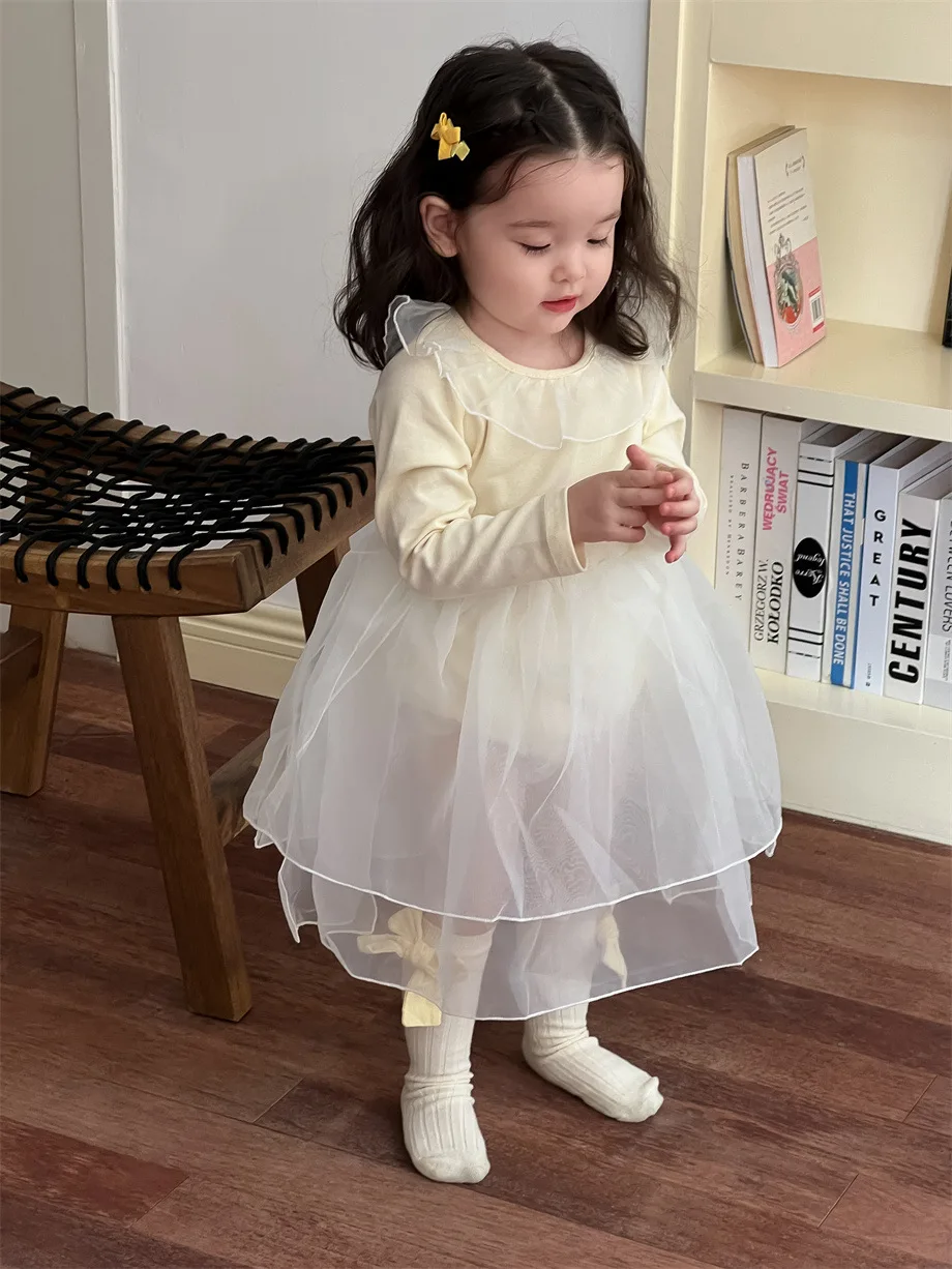 2024 Autumn New Baby Girl Long Sleeve Bodysuit Cotton Girls Solid Lace Collar Gauze Princess Dress Infant Toddler Jumpsuit 0-3T