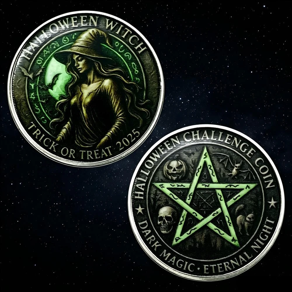 2025 Halloween Witch Challenge Coin Sliver Plated Halloween Coin Glow-in-the-Dark Pentagram Collectible Home Decor Crafts Gift