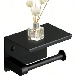 Toilet Paper Holder Stainless Steel Paper Roll Holder with Shelf Drilling Tissue Paper Holder Wall Mount (Black)