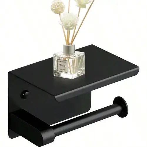 Soporte de papel higiénico, portarrollos de papel de acero inoxidable con estante, soporte de papel tisú para perforación, soporte de pared (negro)