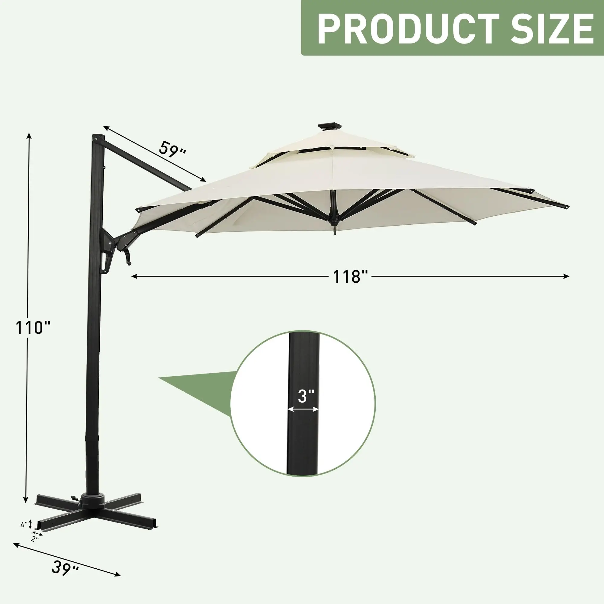 10FT Patio Umbrella with Solar Lights and Base, Large Offset Cantilever Umbrella with Lights and 360° Rotation, Beige