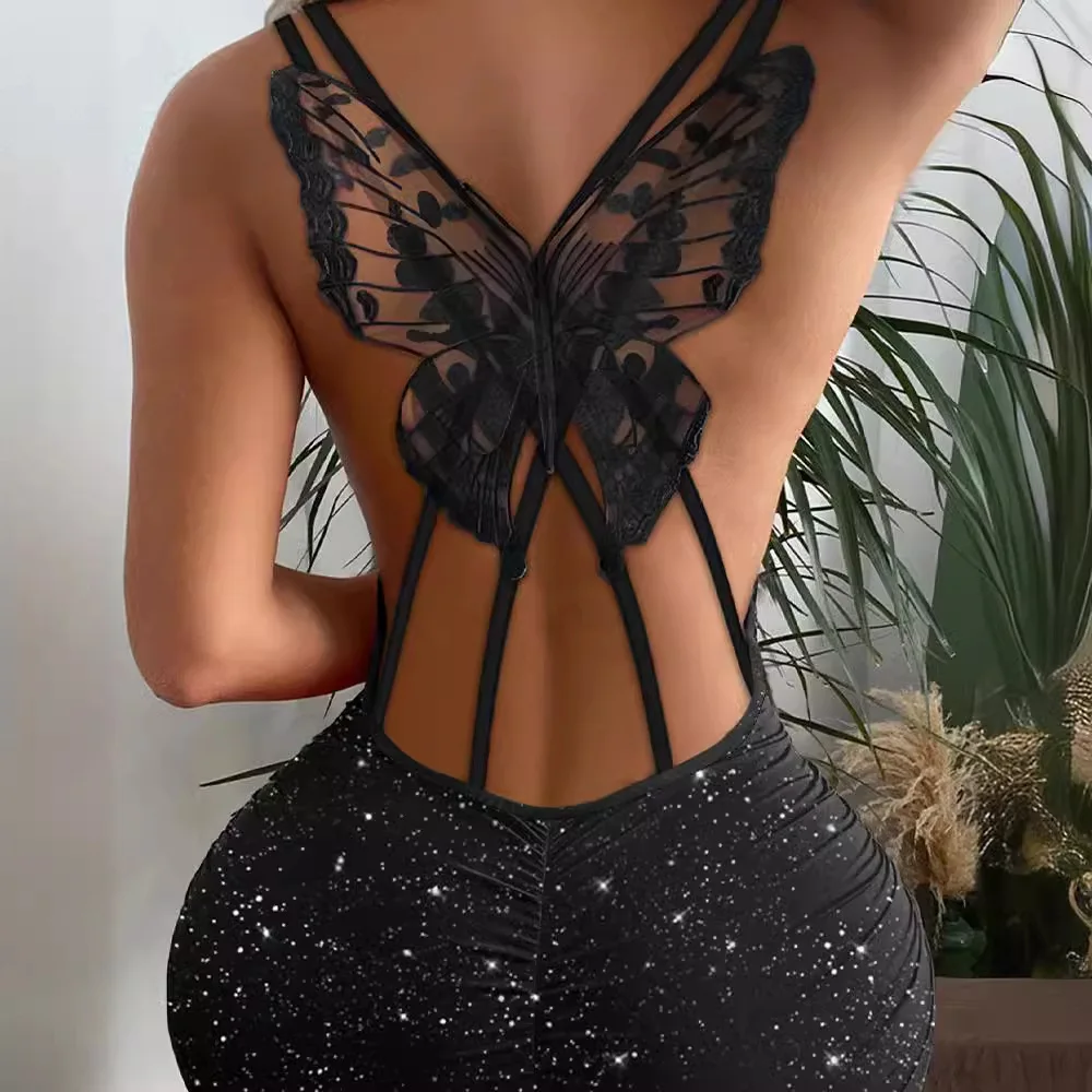 Fashion Back Butterfly Hollowed-out Sparkling Dress for Women Streetwear Trend Sleeveless Lace Up Sexy Mini Dresses