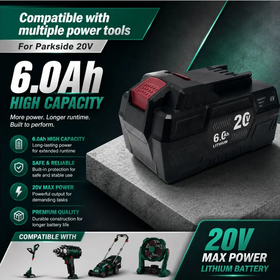 EU-Lager Ersatz 20V 6,0Ah Li-Ionen-Akku für Lidl Parkside 20V Werkzeuge PAP 20 B3 PAP 20 A3 PAPS 208 A1 Kettensäge Elektrobohrer