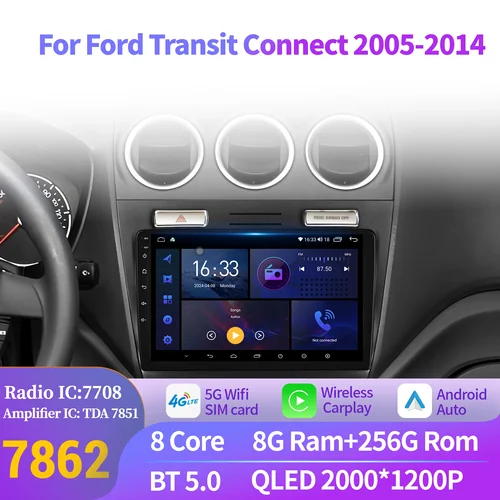 フォードトランジットコネクト 2005-2014 アンドロイド 14 4 グラムカーラジオマルチメディアナビゲーション Bluetooth Wirelss BT Carplay 2K QLED スクリーン