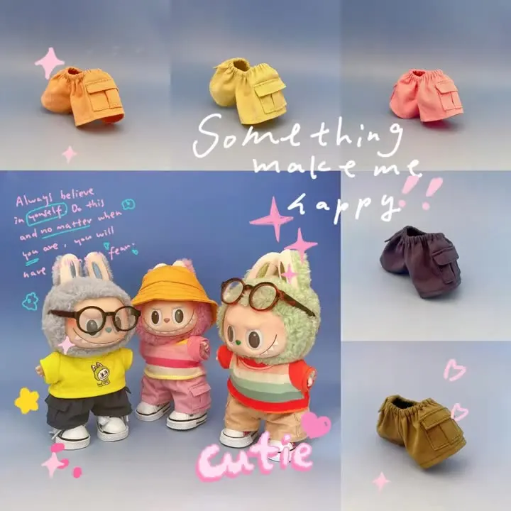 

15cm/17cm Cute Mini Plush Doll Outfit - Labubu Doll Clothing Pastel Casual Top & Cargo Pants Set with Sitting Party Accessories