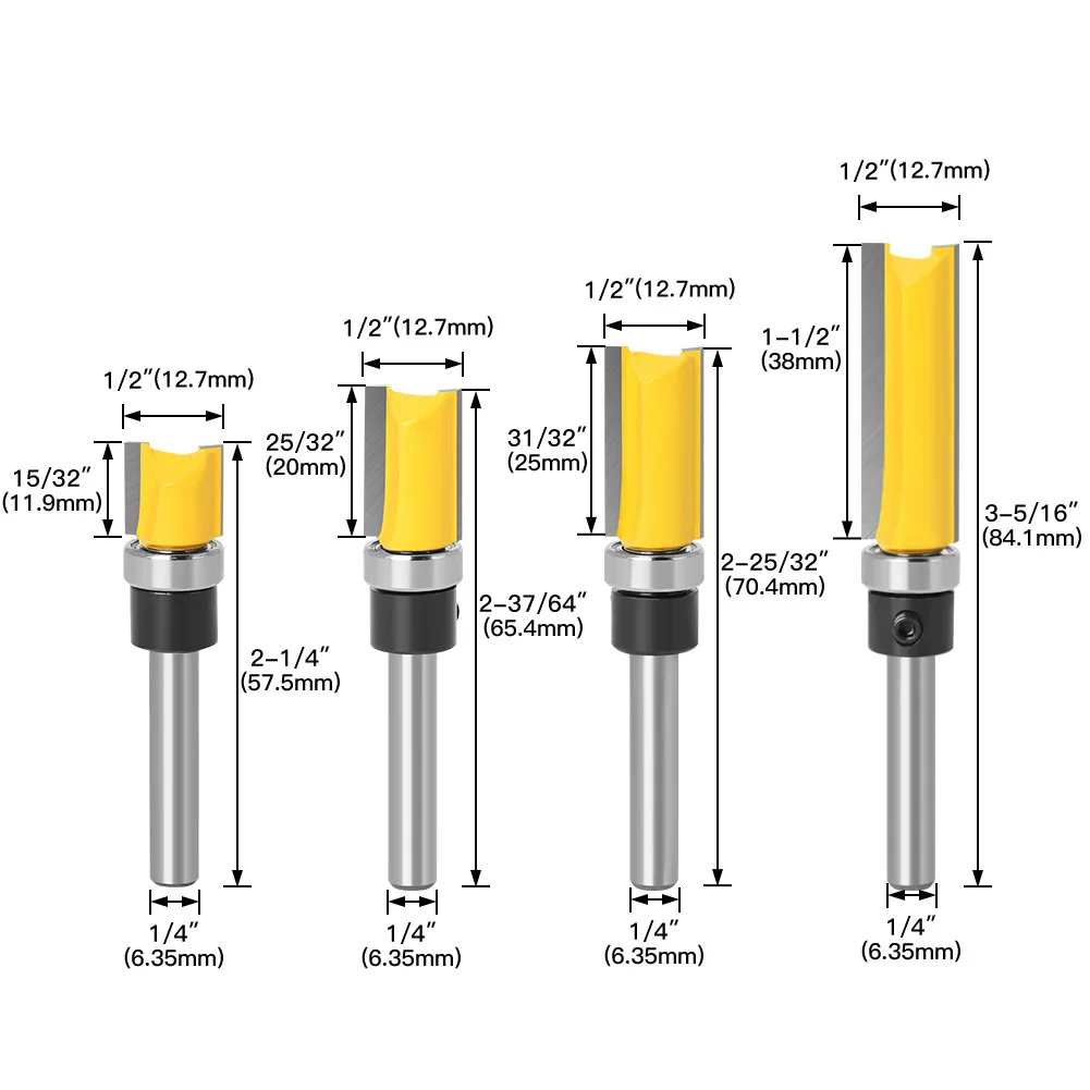 VACK 4pc set 1/4 Shank Template Trim Hinge Router Bit Straight end mill trimmer cleaning flush trim Tenon Cutter for Woodworking