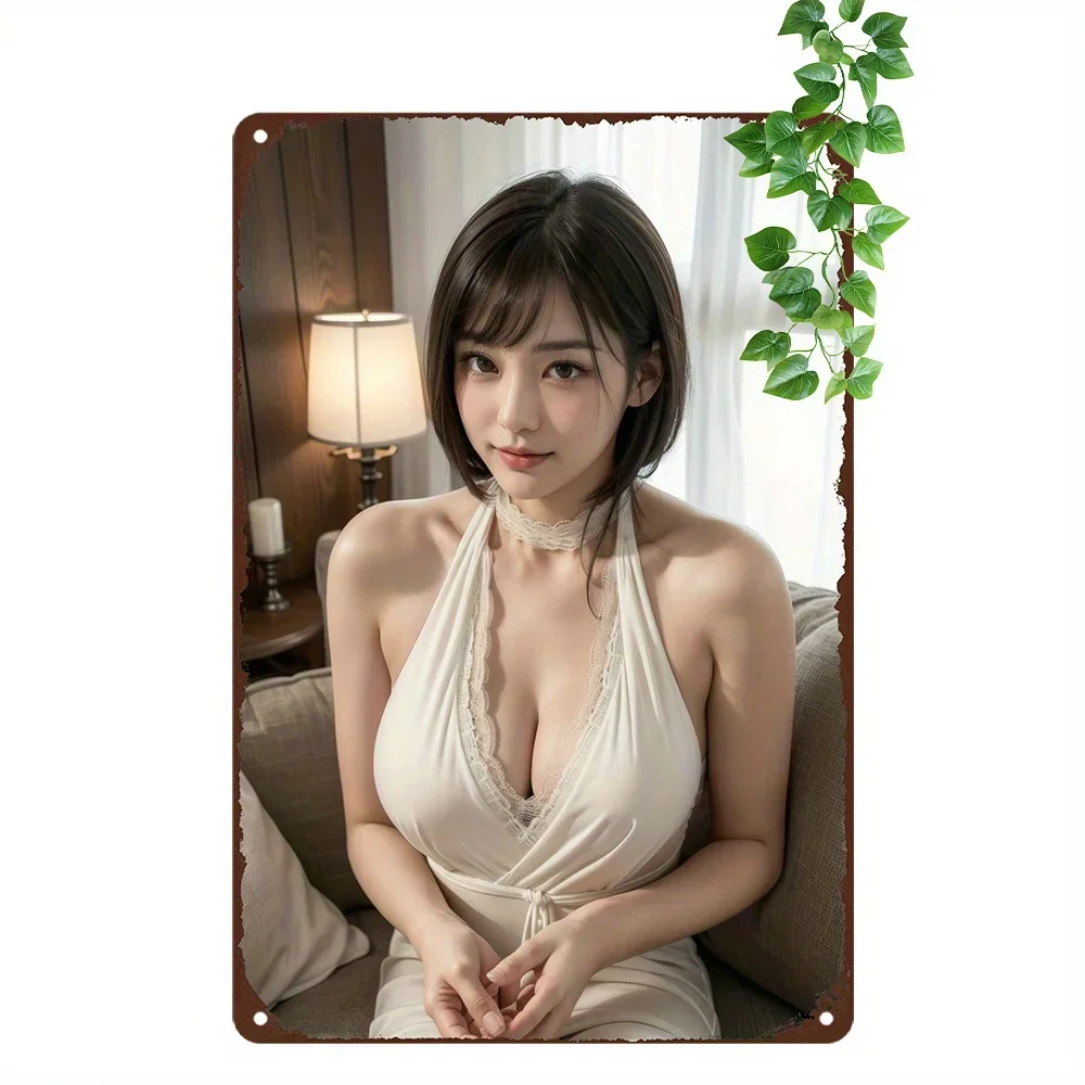 CIFBUY Vintage Asian Short‑Hair Lady Portrait Metal Tin Sign Female Figure Art Print Pre‑Drilled Wall Plaque Home Bar Wall Decor