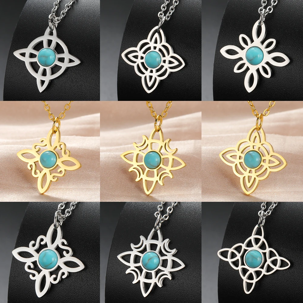 LIKGREAT Celtic Witches Knot Blue Stone Necklace for Women Girls Stainless Steel Crescent Moon Good Luck Amulet Pendant Jewelry image 2
