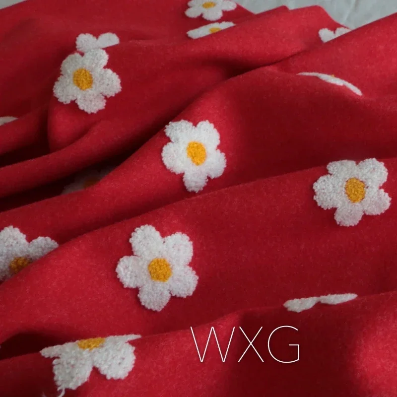 

Ярко-красная эластичная вышитая шерстяная ткань, осень-зима, Рождество, милый цветок, юбка «сделай сам», пальто, жилет, модная оптовая продажа, ткань