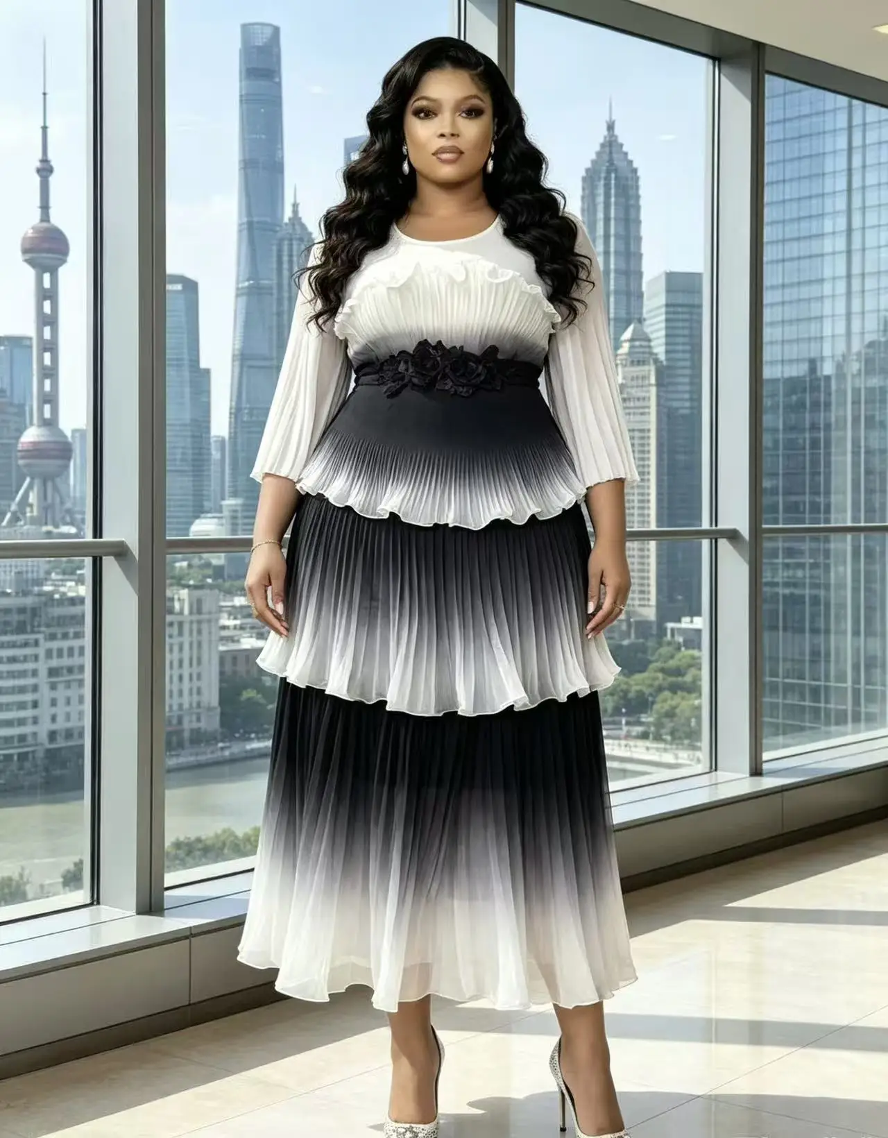 Miyake 2026 New High-end Banquet Pleated Dress Fungus Edge Decorative Printing Gradual Change Light Luxury Dress - view 5