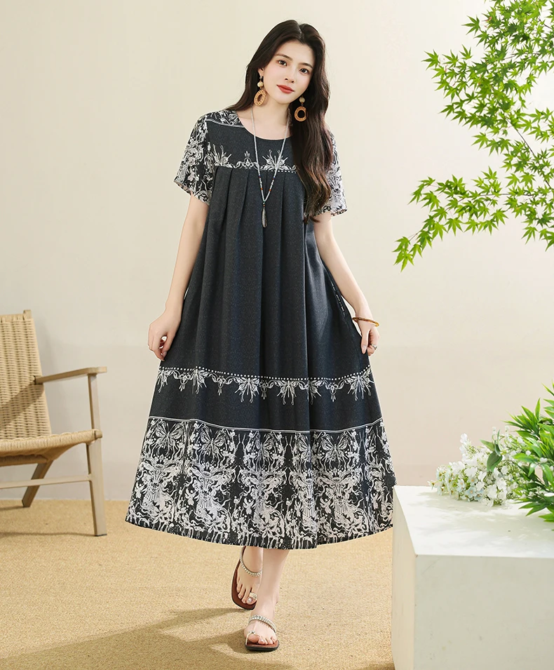 New 2025 Summer Dress For Women Plus Size Dress Casual Short Sleeve Boho Vintage Print Long Maxi Dress Beach Women Clothing