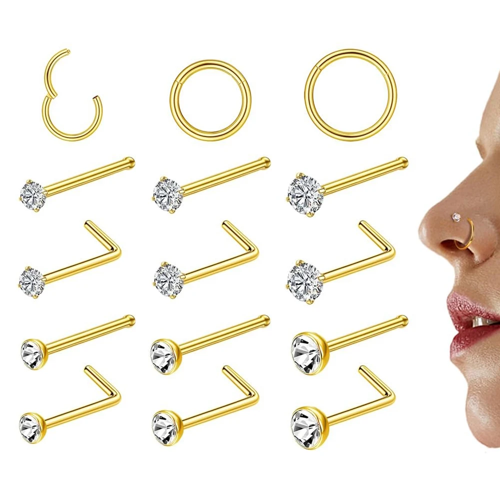 15Pcs 20G Nose Studs and 18G Nose Rings Hoop Set for Women Men 316L Stainless Steel Bend/Straight/L-Shaped Rod Piercing Jewelry