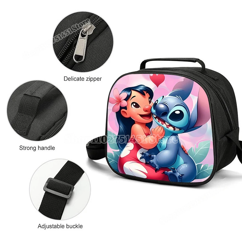 Lilo & Stitch Shoulder Lunch Bag Leakproof Cooler Tote Handbag Portable Thermal Food Bento Picnic Box Adjustable Shoulder Strap