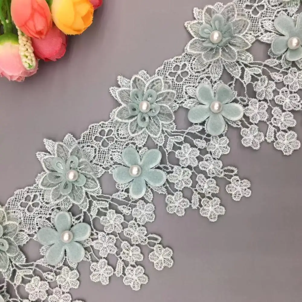 1 yard Light Green 3D Flower Pearl Embroidered Net Lace Fabric Trim Ribbons DIY Sewing Wedding Dress Clothe Craft Materials