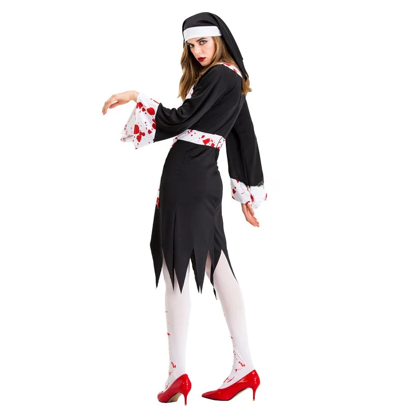 loween  Zombie Bloodstain Nun Costume Role-plang Horror Drip Blood Nun Outfit Women's Ethnic Stage Costume