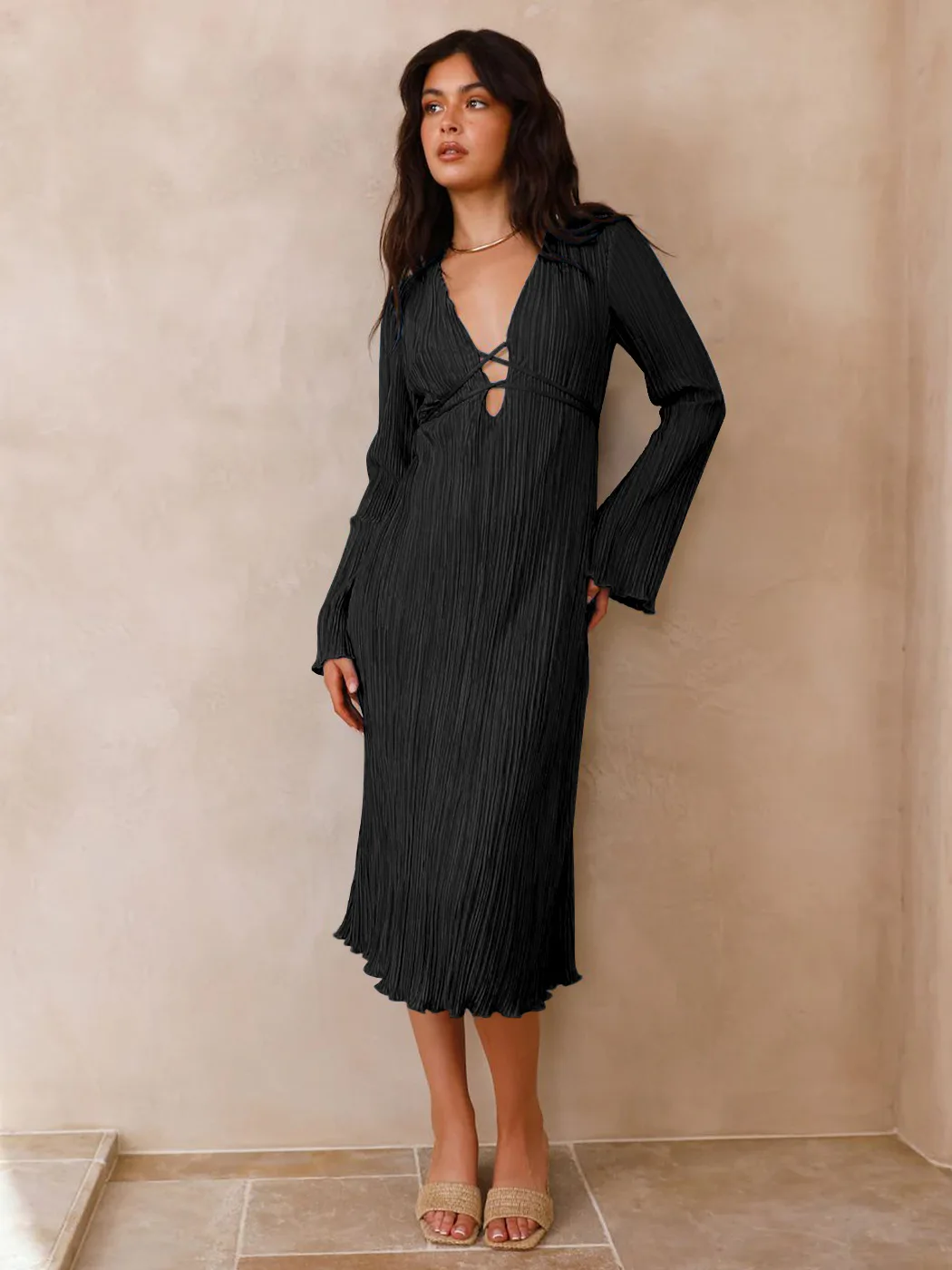 New Autumn Long Sleeve Slim Fit Lace Up Dress Women Flare Sleeves Deep V-Neck High Pleated Party Maxi Dress Bridesmaid Dresses