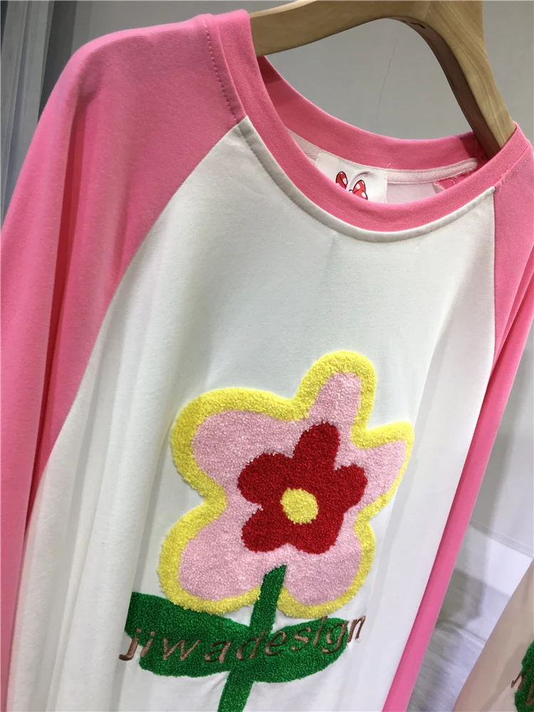 Floral Colorblock Flocking All-match Loose Long Sleeve T-shirt Out Wearing Autumn Winter Pullover Top O-neck Casual Cotton Tees