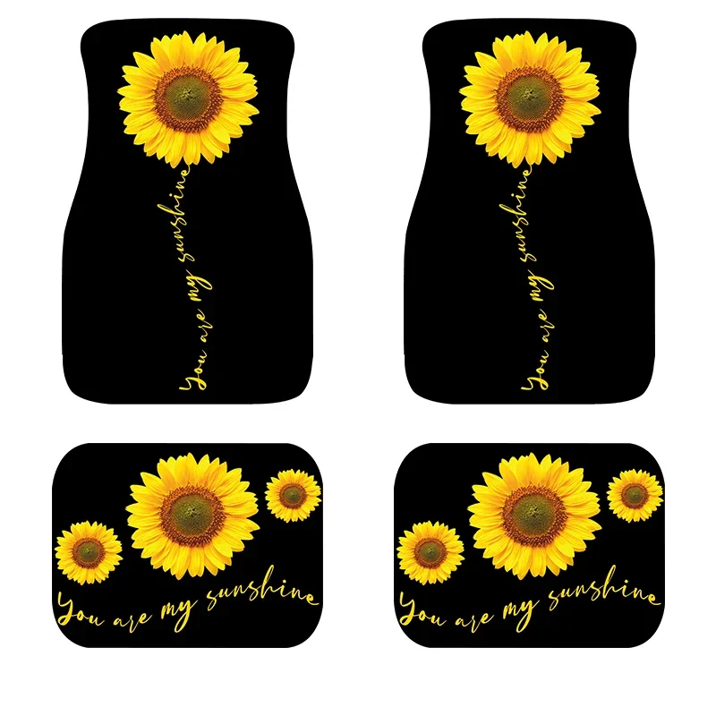 Black Background Sunflower Personality Printing Car Interior Design Accessories 4PCs Rubber Material Non-Slip Foot Mat