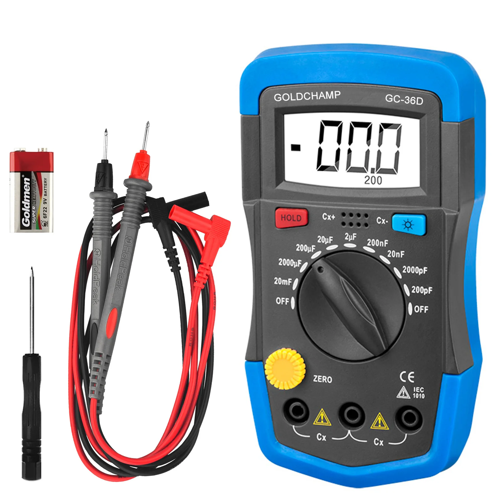 

Digital Capacitance Meter 0.1pF-20000uF 9 Ranges Backlight Data Hold Manual Zeroing for Capacitor Testing Electrical Repair