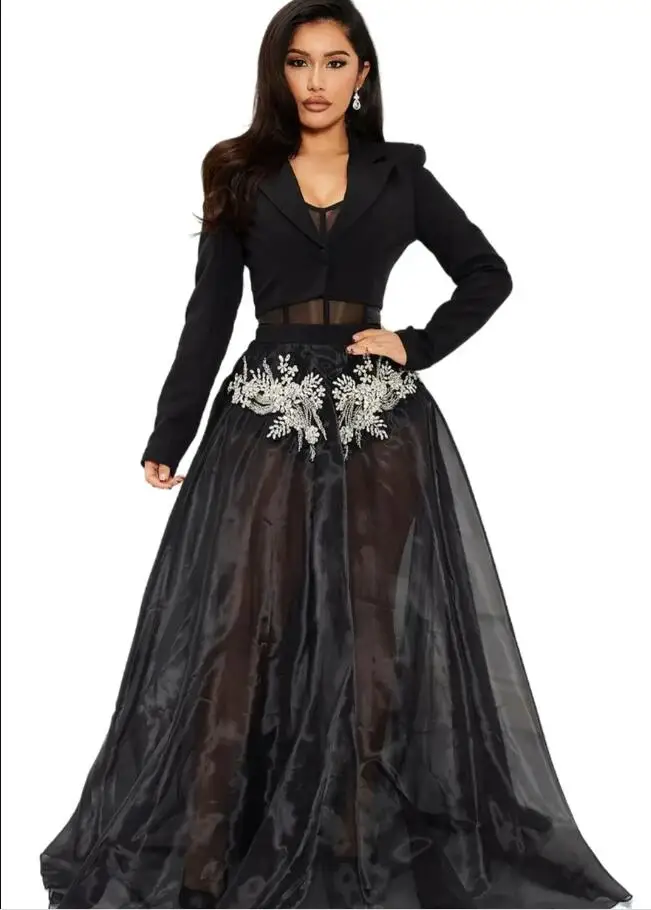 2023 Arabic Aso Ebi Black Prom Dresses Lace Crystals organza bodysuit with jacket Evening Reception Engagement Gowns