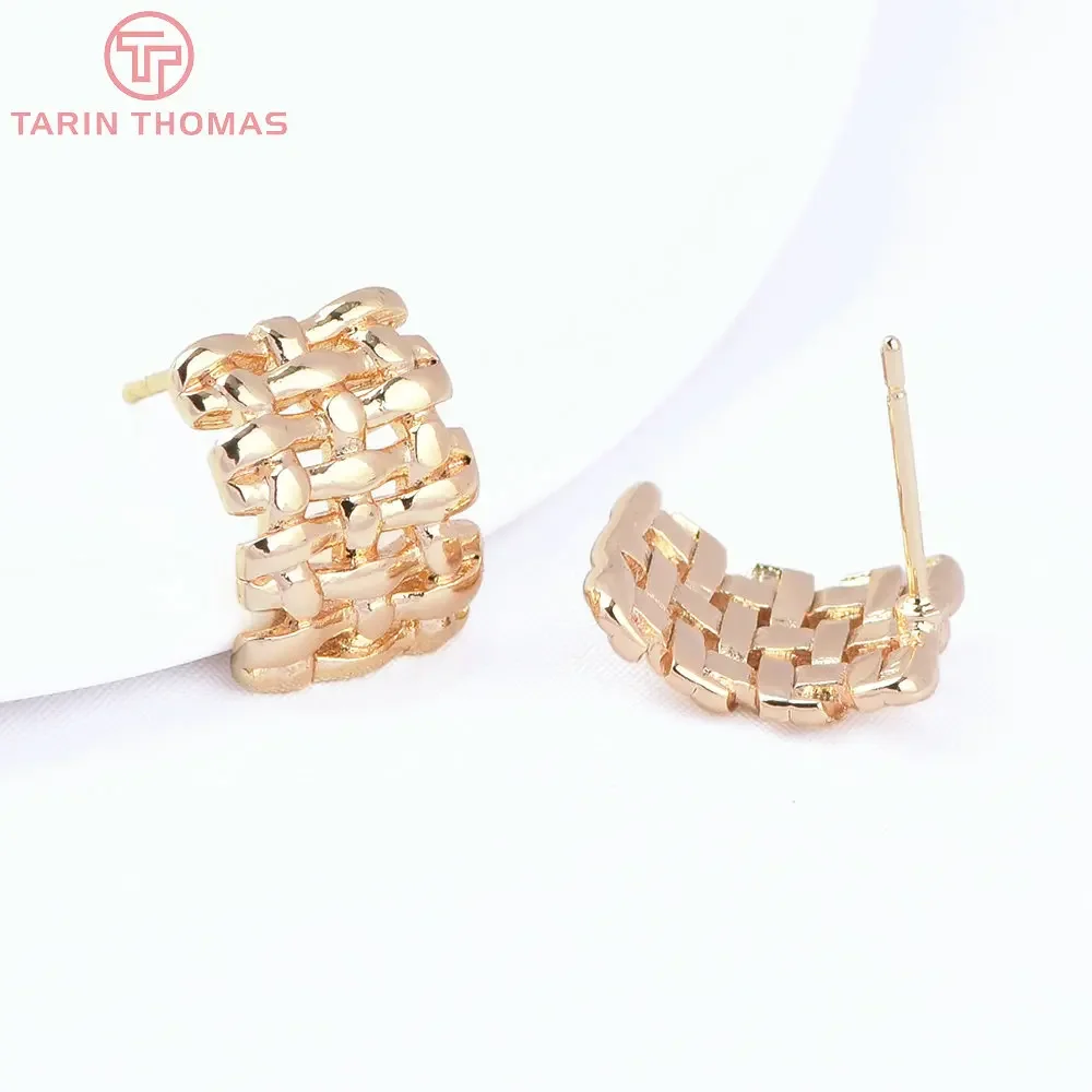 (8453) 6PCS 11.5x14.5MM 24K Gold Color Brass Rectangular Woven Curved Stud Earrings High Quality Jewelry Findings Accessories