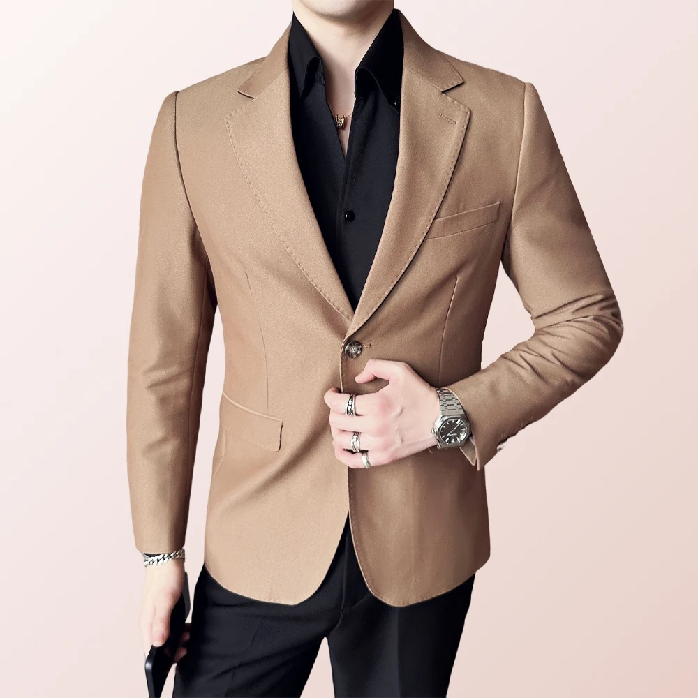 

Khaki Single-Breasted Business Casual Suit Jacket for Men with High-Grade Texture and Western Style