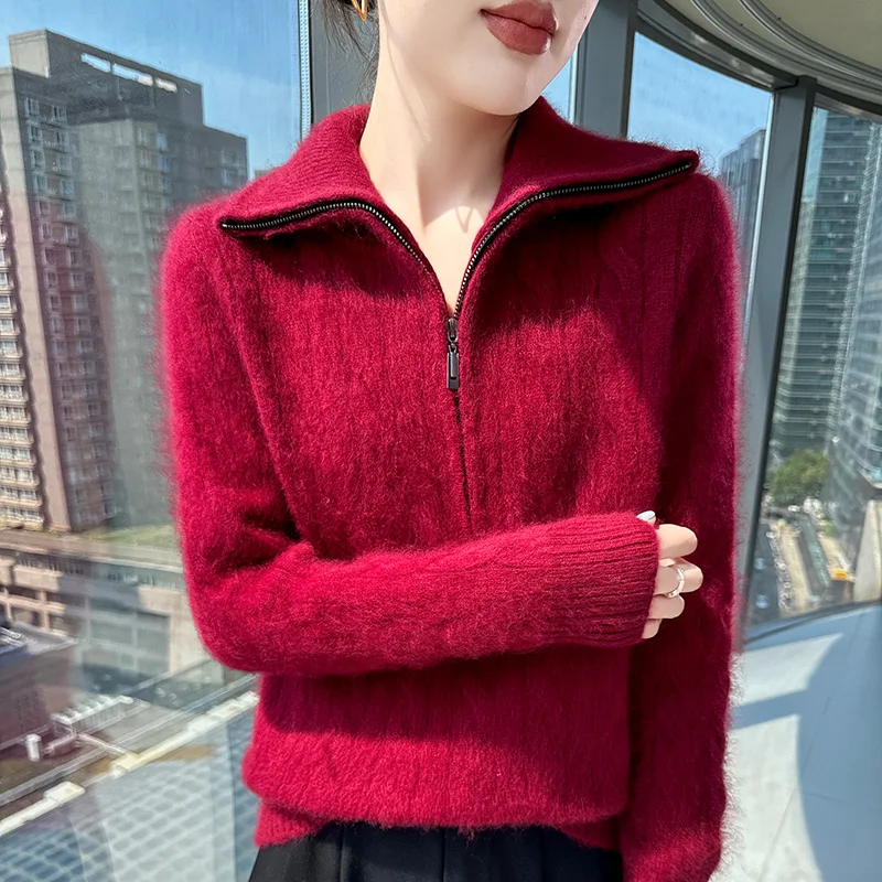 المرأة الخريف الشتاء سترة سميكة 100% المنك النقي الكشمير شبه البريدي التلبيب البلوز عادية فضفاض المقلية العجين التقلبات