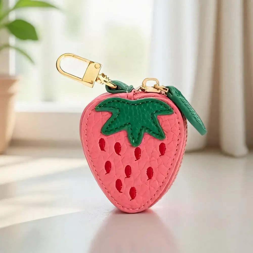 Strawberry Coin Purse Keychain Mini Y2K PU Leather Lemon Peach Keychain Fruit Bag Charms For Handbags Gifts For Women Girls