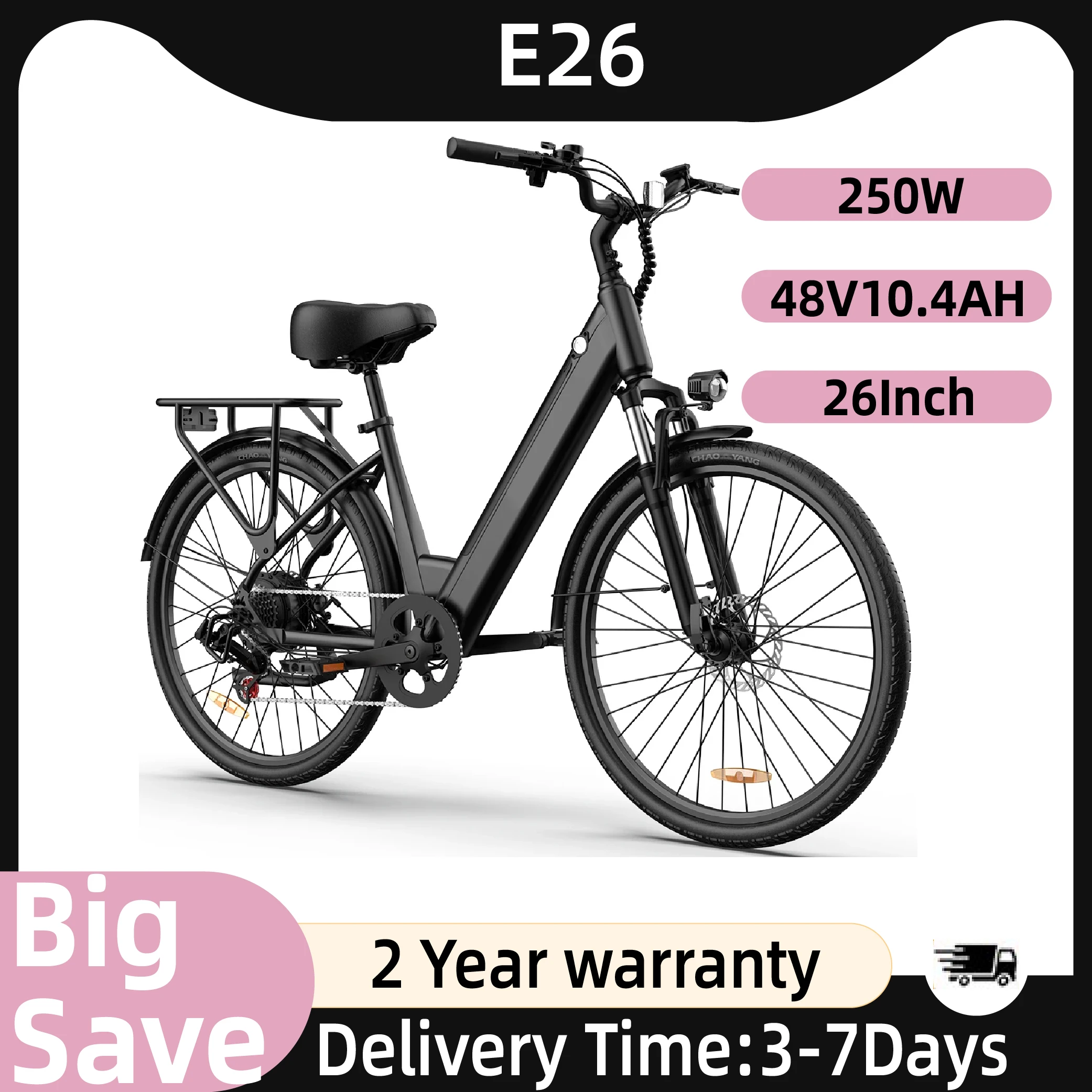 Vélo électrique urbain URLIFE E26, moteur 250W, batterie 48V 10.4AH, pneus de 26 pouces, vélo électrique pour adultes