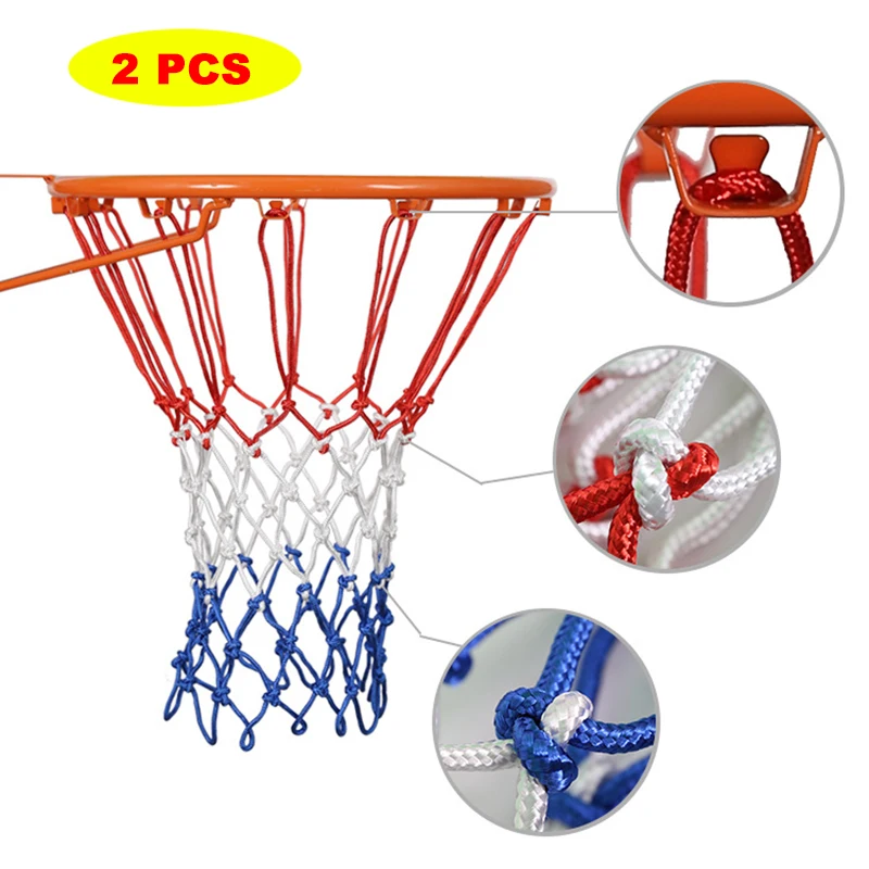 2 PCS Standard Basketball Net White+Red+Blue Three Color Basketball Hoop Net Outdoor Sports 21 Inch Basket Net Nylon Fabric