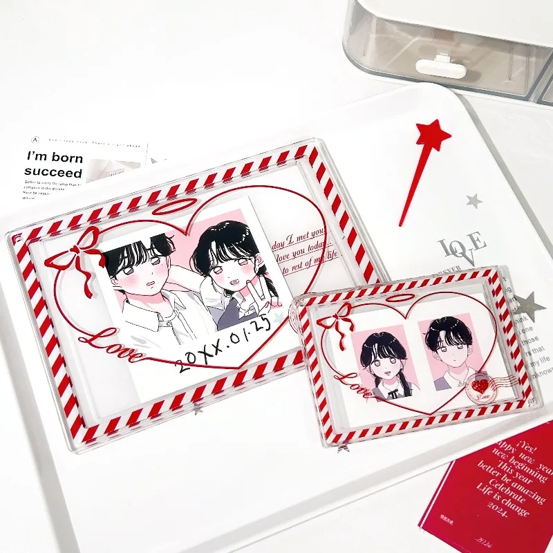 Love Confession 3.5/6 Inch Acrylic Photo Frame, Heart Bow Card Display Holder, for Anime Kpop Merch Aesthetic Shooting Decor