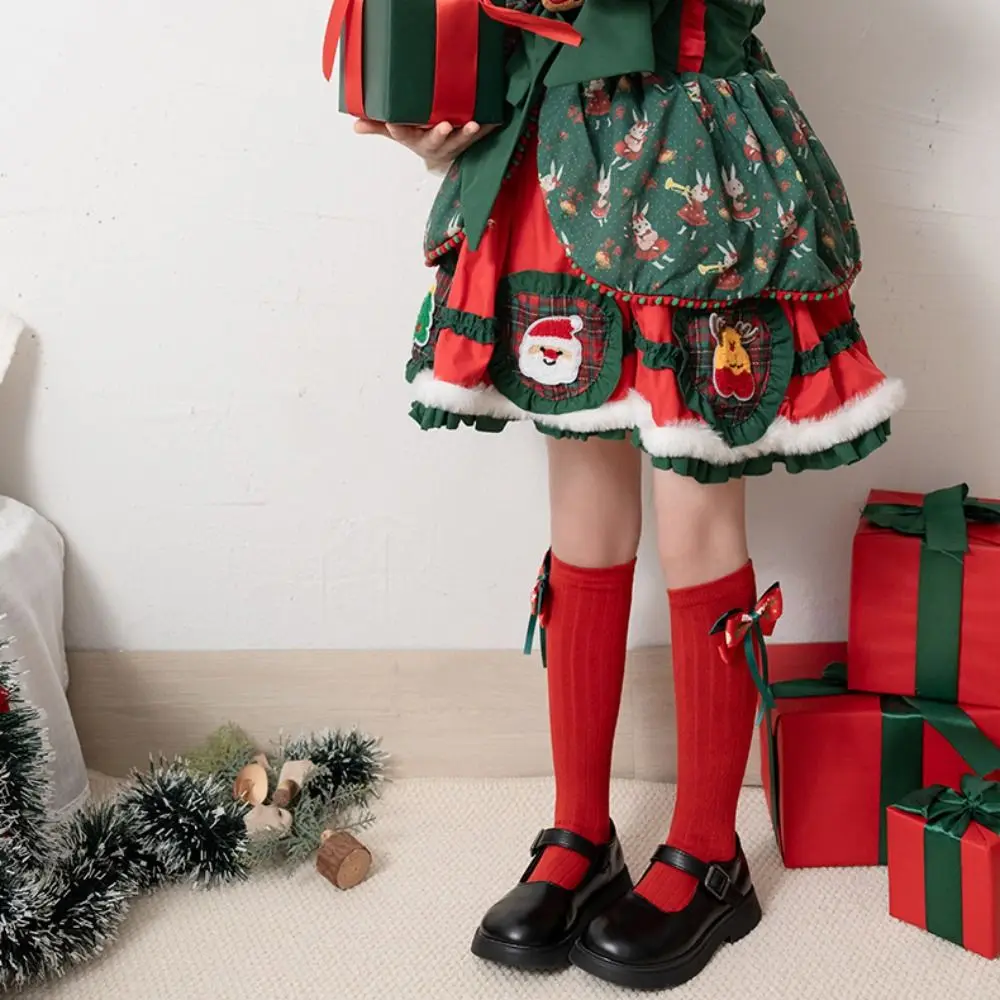 Comfortable Middle Tube New Year Red Socks Green Thicken Bow Hosiery for Kids Cotton Sweet Children Long Socks Home Socks