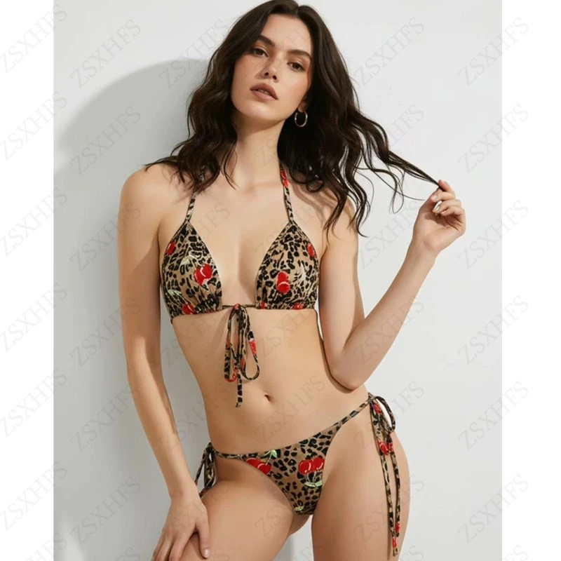 Sexy Classic Leopard print Halter Bikini Set Women Two-piece Bikini swimsuit Women's Hot Spring Resort Neck Lace-up Bikini Sets