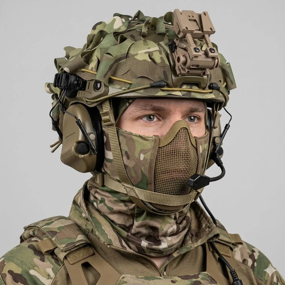 

FAST Tactical Helmet Set with Nylon Camo Net,Steel Mesh Balaclava,Breathable Lightweight Wargame CS Cosplay Gear