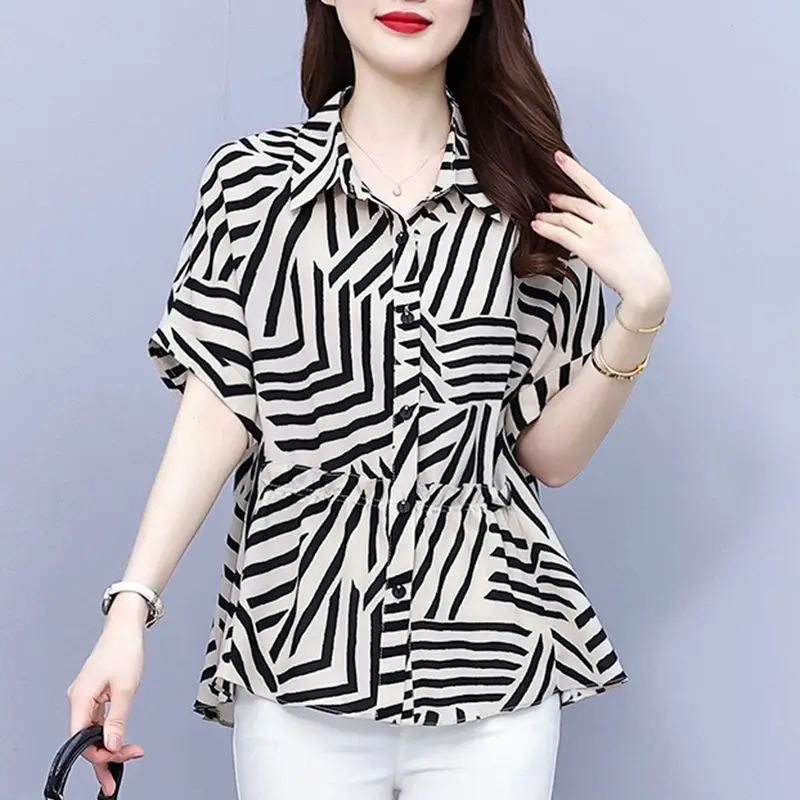 

Рубашка в полоску с принтом, женские летние топы, свободная блузка с короткими рукавами, шикарный элегантный стиль
