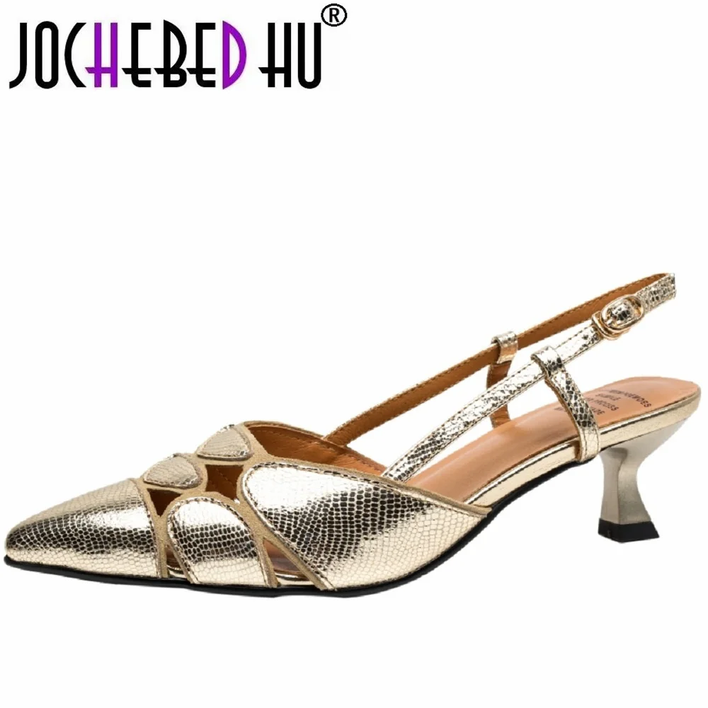 【JOCHEBED HU】Brand Genuine Leather Medium Heels Pumps Shoes Woman Sexy Point Toe Heels Office Dress Pumps Shoes Ladies Sandals