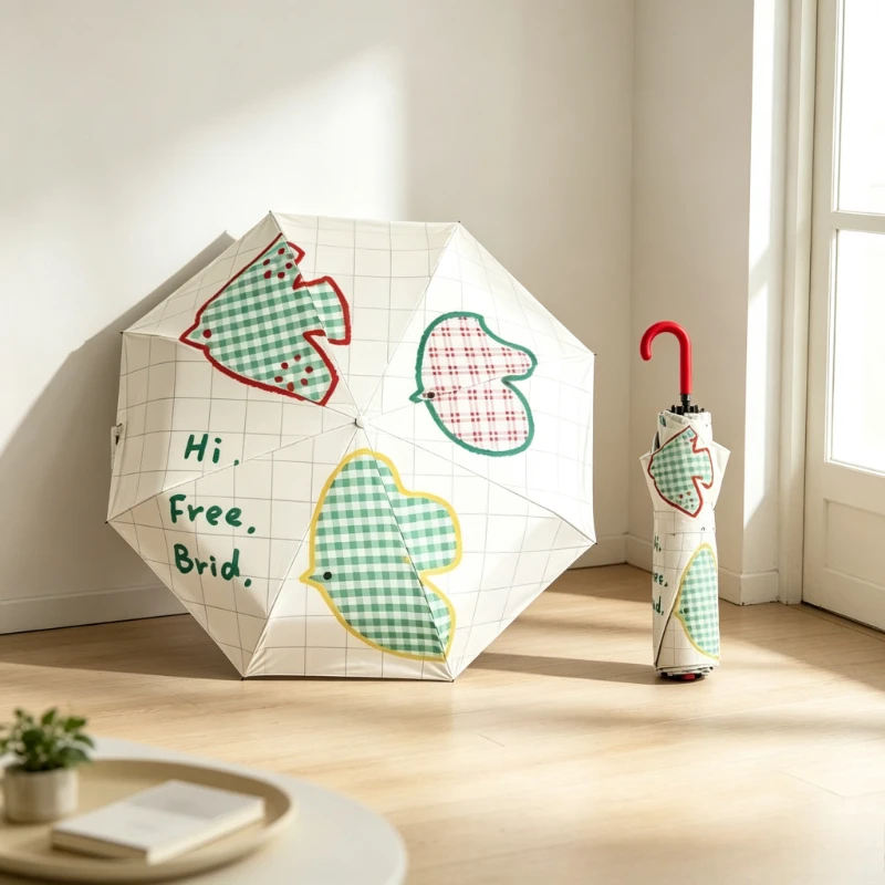 Bird Print Folding Umbrella Portable UV Blocking Sun Parasol Vintage Style Compact Clutch Design for Women Travel Daily Use 양산