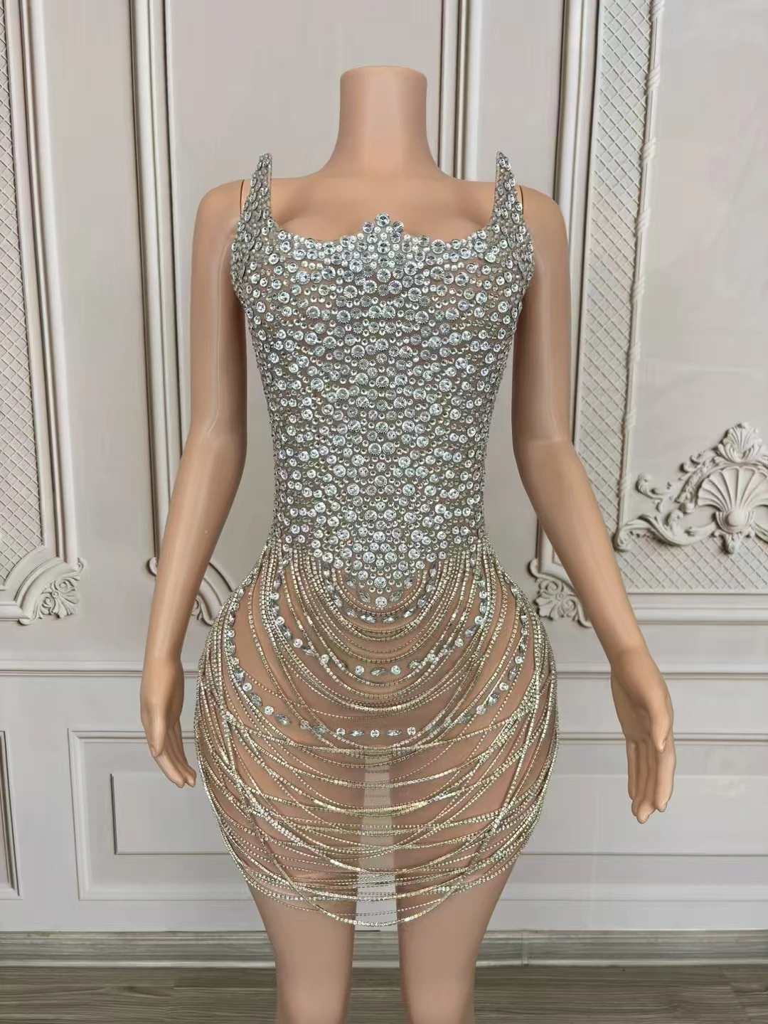 

Rhinestone Chain Mesh Dress Singer EveningDress Nightclub Bar Di Performance Stage CostumesDrag Queen Clothes D204