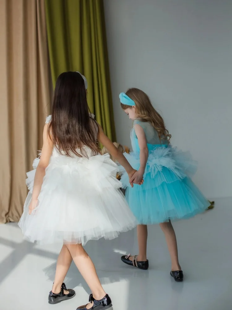 Multi Layer Ruffle Tulle Girls Tutu Dress Sleeveless V Neck Princess Dress Kids Birthday Wedding Flower Girl Dresses