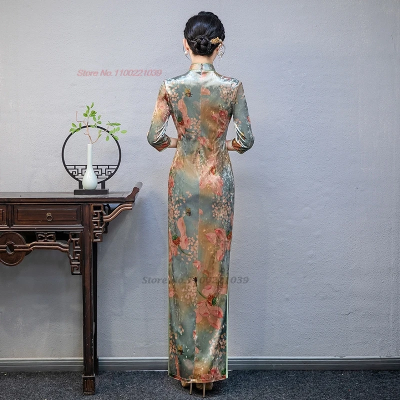 Vestido vintage chino cheongsam mejorado con estampado de flores nacionales, vestido de terciopelo para actuación en escenario, vestido de noche para banquete, 2024