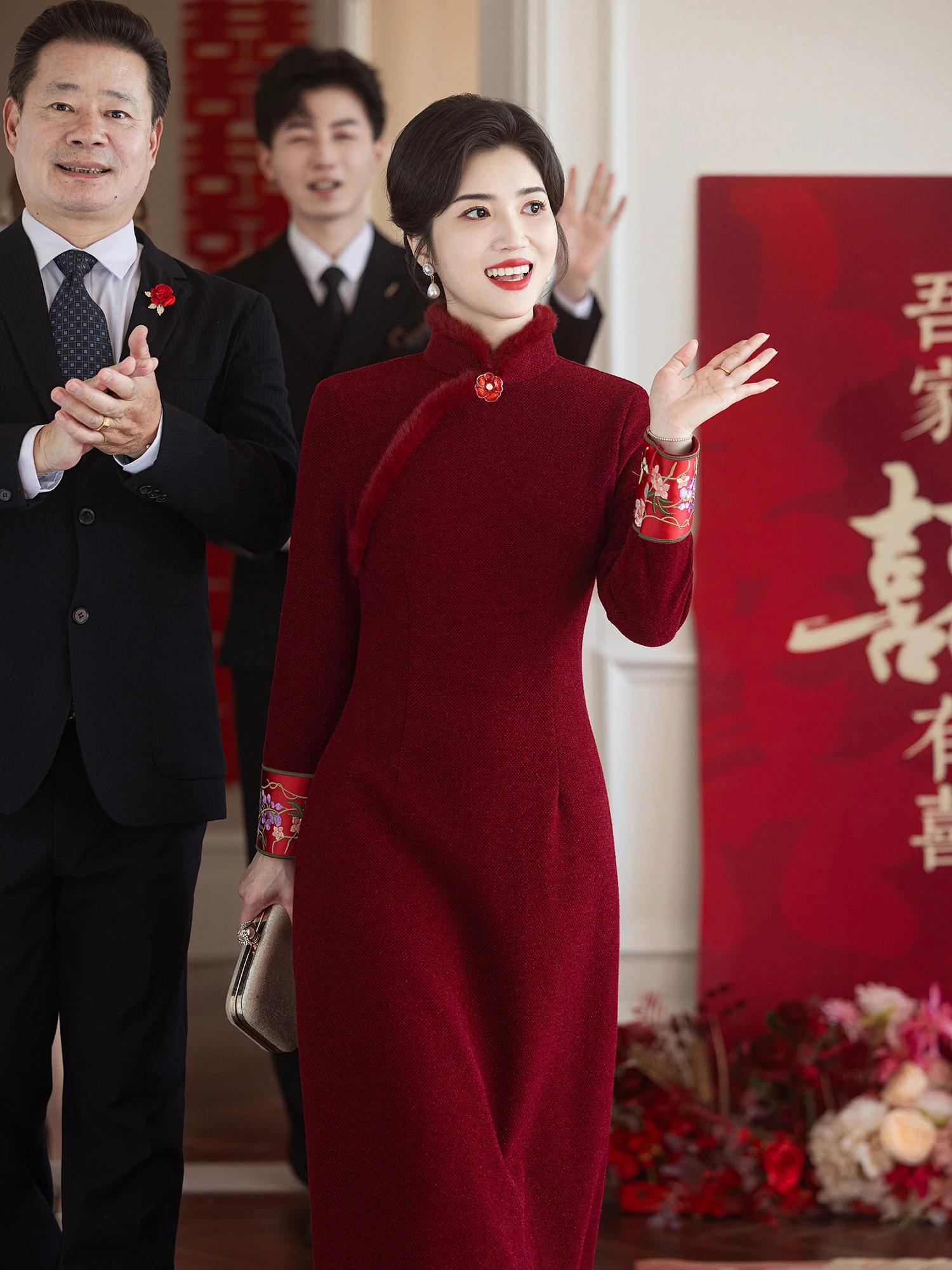 

Fur Lined Thiened Wedding Dr Gongfu Suit for Women Winter Wedding Ceremony Mother of the Bride Winter Coat